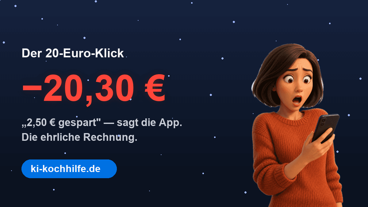 Der 20-Euro-Klick — die App sagt 2,50 € gespart, in Wirklichkeit kostet der Abend 20,30 €