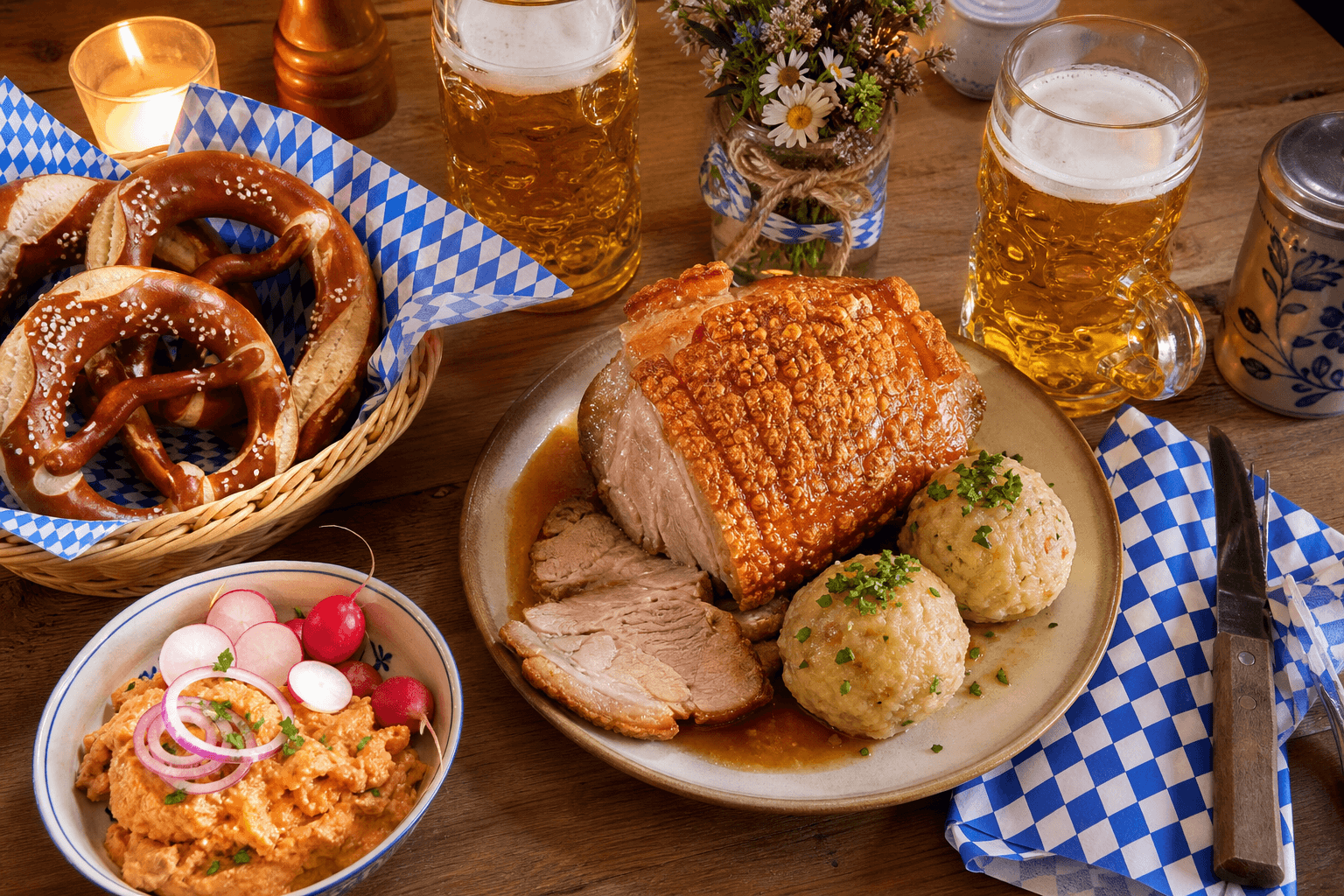 Oktoberfest-Abend zu Hause — Schweinebraten, Brezn, Obazda und Bier auf rustikalem Holztisch